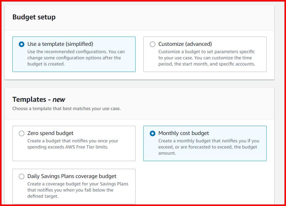 Picture showing selecting the option Use a template (simplified) while creating the budget